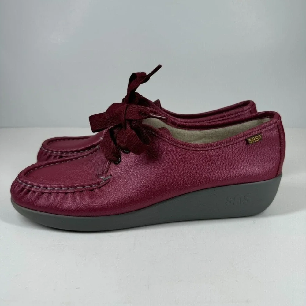 SAS Bounce Women's 11.5M Cranberry Burgundy Leather Lace-Up Wedge Moccasin Shoes